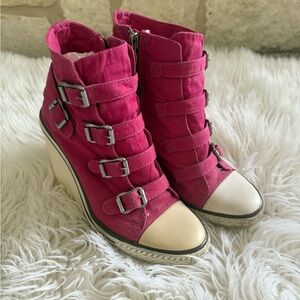 Ash Pink Buckle Wedge Sneakers